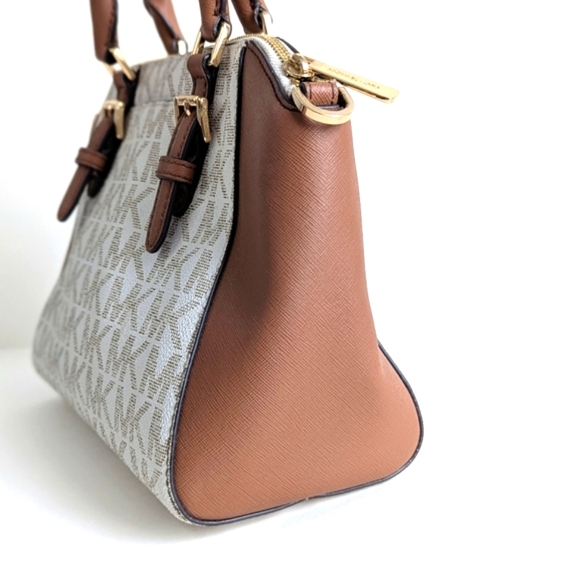 Michael Kors Ciara Medium Logo Printed Coated Canvas Leather Satchel Cream Brown - Picture 2 of 15